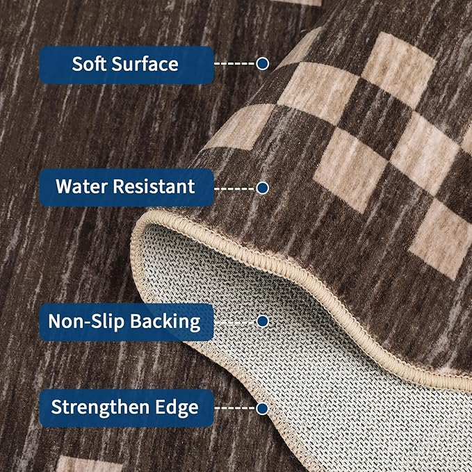 Washable Runner Rug 2x10 Modern Bordered Hallway Runner Rug Non Slip Kitchen Throw Carpet Checkered Bathroom Entryway Runner Rugs Low Pile Solid Area Rugs for Living Room Bedroom Nursery Sink, Brown