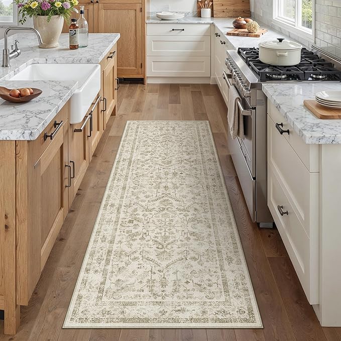 PureCozy Taupe 2x5 Runner Rug Vintage Area Carpet Hallway Indoor Kitchen Washable Low Pile Traditional Distressed Retro Accent Throw Rug Non Slip for Laundry Bathroom Office