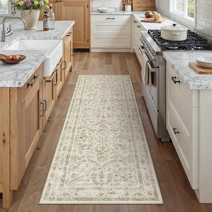PureCozy Taupe 2x5 Runner Rug Vintage Area Carpet Hallway Indoor Kitchen Washable Low Pile Traditional Distressed Retro Accent Throw Rug Non Slip for Laundry Bathroom Office