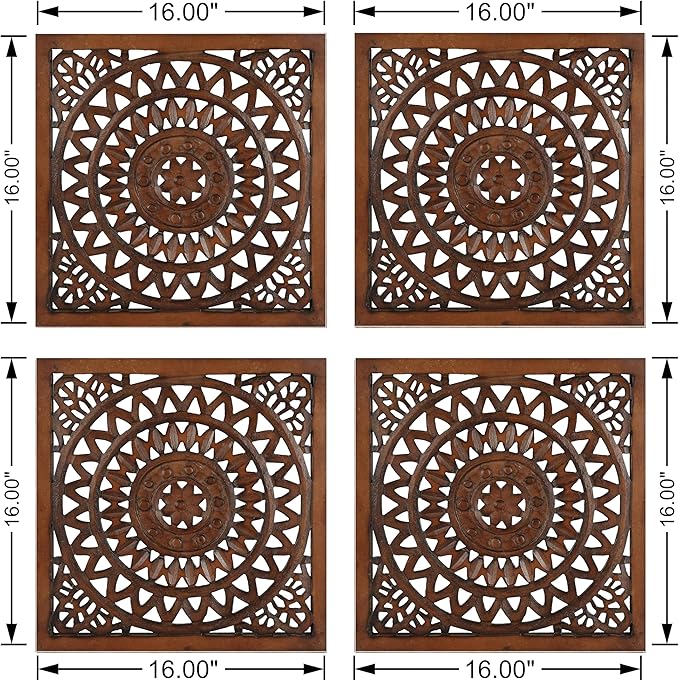Wooden Designer Wall Hanging Plaques/Wall Plaque Wall Décor Plaques Set of 4-16x16 Inch - Burnt, Elegant Sculpture Wall Décor Panel to Enhance the Décor of Your Room or Office