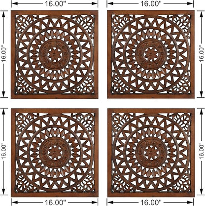 Wooden Designer Wall Hanging Plaques/Wall Plaque Wall Décor Plaques Set of 4-16x16 Inch - Burnt, Elegant Sculpture Wall Décor Panel to Enhance the Décor of Your Room or Office
