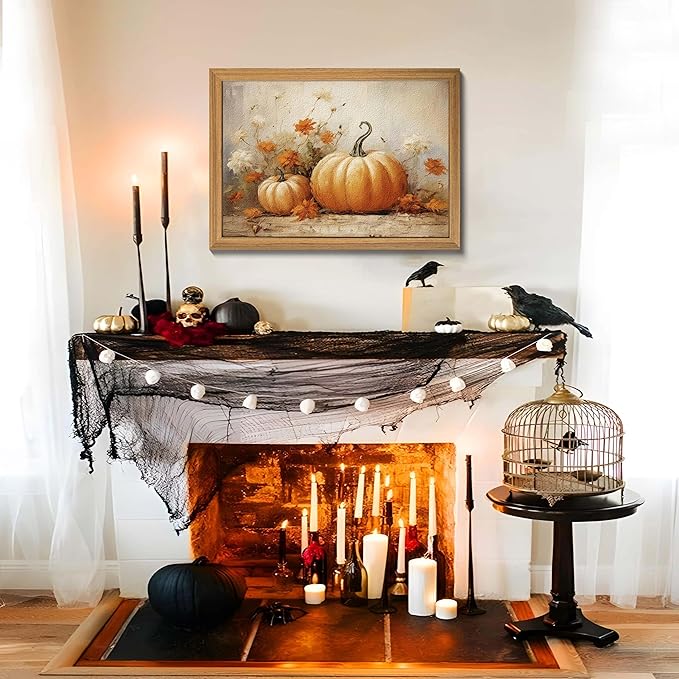 Framed Vintage Halloween Pumpkin Wall Art – 3D Texture Harvest Pumpkins Pictures Fall Wall Decor for Living Room, Rustic Autumn Pumpkin Art Prints for Kitchen, Bedroom, Home or Party – 12x16in