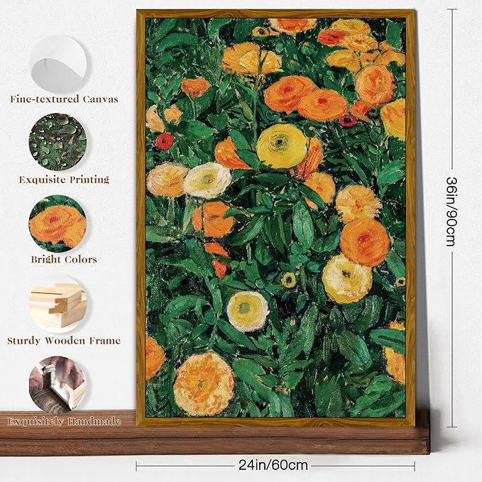 crmotu Large Framed Wall Art, Floral Botanical Canvas Art Prints, Yellow Flower Vintage Decor Paintings, Nature Plant Retro Pictures Wall Decor Living Room Bedroom Bathroom Office Artwork 24x36in