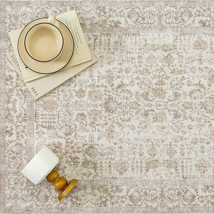 PureCozy Light Brown Area Rug 5x8 Machine Washable Vintage Living Room Distressed Non Slip Carpet Traditional Indoor Bedroom Retro Floral Accent Throw Large Rug Office Kitchen Bathroom Dining Room