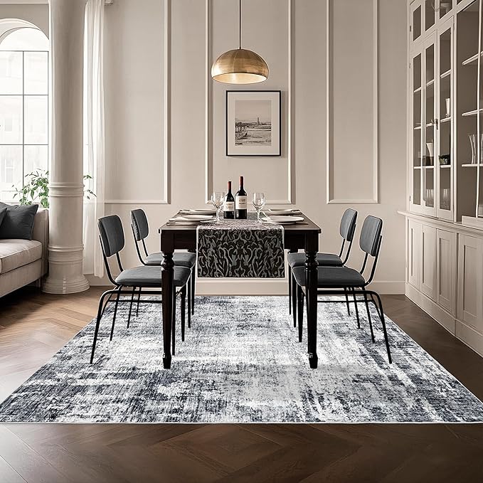 Washable 5x7 Area Rug: Modern Large Rugs for Living Room Dining Room Bedroom Office Indoor - Non-Slip Carpet Home Decor - 5x7 Black Grey