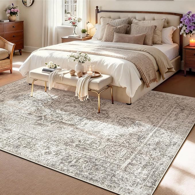 5x7 Area Rugs for Living Room, Washable Vintage Boho Medallion Rug Non Slip Low Pile Floor Carpet for Bedroom Nursery Dining Room (Taupe, 5'x7')