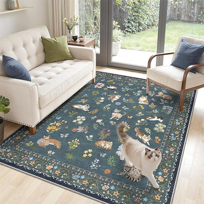 Soalmost Cat 3x5 Area Rugs for Entryway, Machine Washable Animal Floral Accent Rug Non-Slip Low Pile Soft Throw Rugs for Kitchen Bedside Living Room Bedroom Kids Room (3 x 5,Navy Blue)