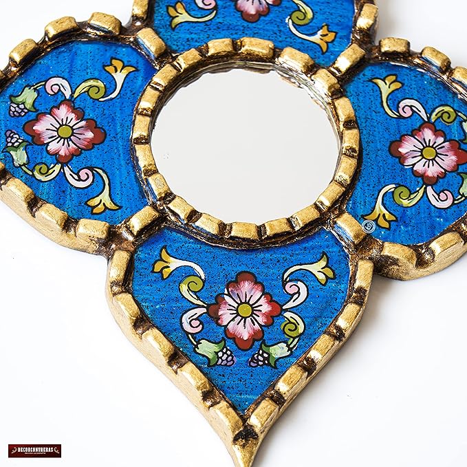 Peruvian Painted Glass Mirror with Bronze Leaf Framed - Handmade Diamond Mirror 6in for Gallery wall (Blue)