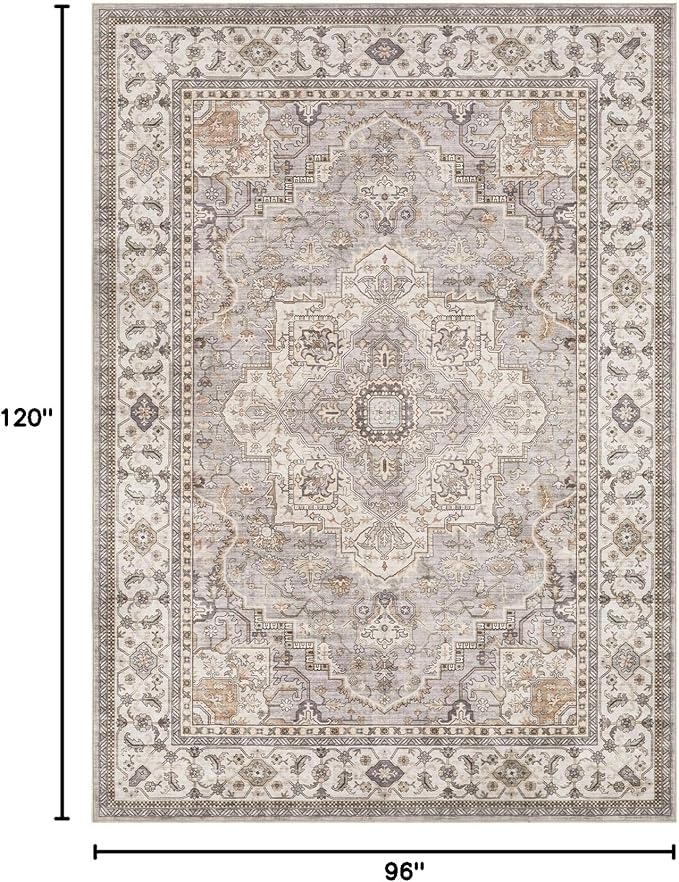 EIEIHOUSE Washable Area Rugs for Living Room - 8x10 Neutral Vintage Distressed Floral Farmhouse Boho Large Soft Floor Rug Indoor Non Slip Carpet for Bedroom Dining Room Office - Grey Brown