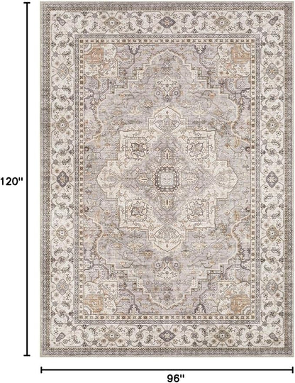 EIEIHOUSE Washable Area Rugs for Living Room - 8x10 Neutral Vintage Distressed Floral Farmhouse Boho Large Soft Floor Rug Indoor Non Slip Carpet for Bedroom Dining Room Office - Grey Brown