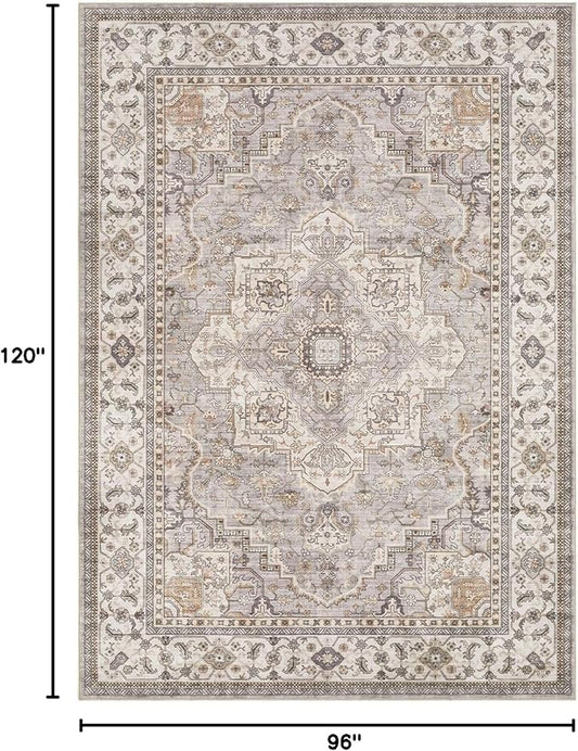 EIEIHOUSE Washable Area Rugs for Living Room - 8x10 Neutral Vintage Distressed Floral Farmhouse Boho Large Soft Floor Rug Indoor Non Slip Carpet for Bedroom Dining Room Office - Grey Brown