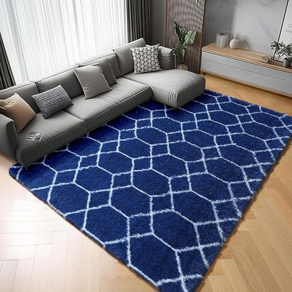 ONASAR 5x7 Area Rugs for Living Room Bedroom, Fluffy Navy Blue and White Throw Rug, Geometric Boho Soft Plush Shaggy Floor Carpet for Nursery Kids Girls Boys Teen Dorm Home Decor Aesthetic