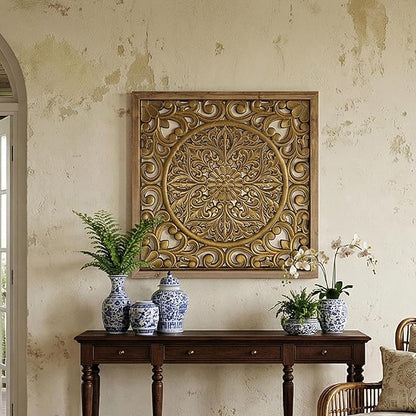 XIAOAIKA Boho Carved Wood Wall Sculpture, Intricate Floral Mandala Design with Distressed Gold Finish, Vintage Farmhouse Wall Art Panel with Solid Wood Frame for Bedroom Entryway (22.5" x 22.5")