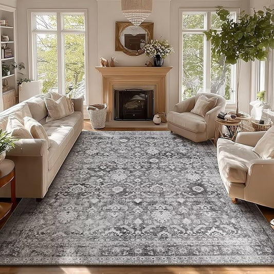 Washable 8x10 Area Rugs for Living Room, Boho Non-Slip Vintage Distress Large Rugs for Bedroom Dining Room Nursery Office, 0.3" Neutral Oriental Throw Thin Carpet, Grey/Multi, C5