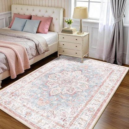 CAPALOCA Machine Washable Rugs Nursery Rug 4x6 Cute Girl Non Slip Low Pile Water Repellent Soft Print Pattern for Bedroom Indoor Decor Kids Playroom Pink Blue