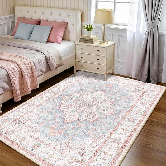 CAPALOCA Machine Washable Rugs Nursery Rug 4x6 Cute Girl Non Slip Low Pile Water Repellent Soft Print Pattern for Bedroom Indoor Decor Kids Playroom Pink Blue