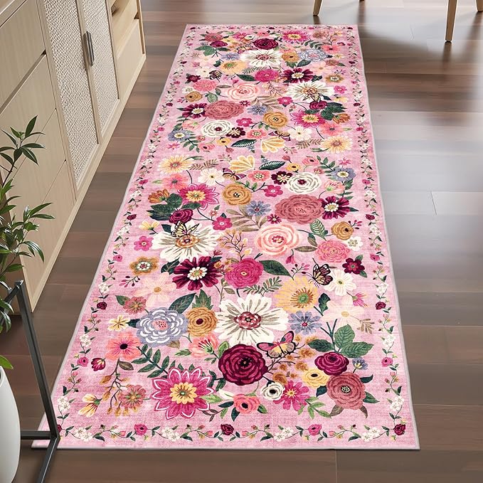Pink Rug for Hallways Kitchen Rug 2x6, Non Slip Washable Rugs with Rubber Backing Soft Floral Carpet Runner for Hallways, Kitchen, Laundry, Bedroom, Bathroom
