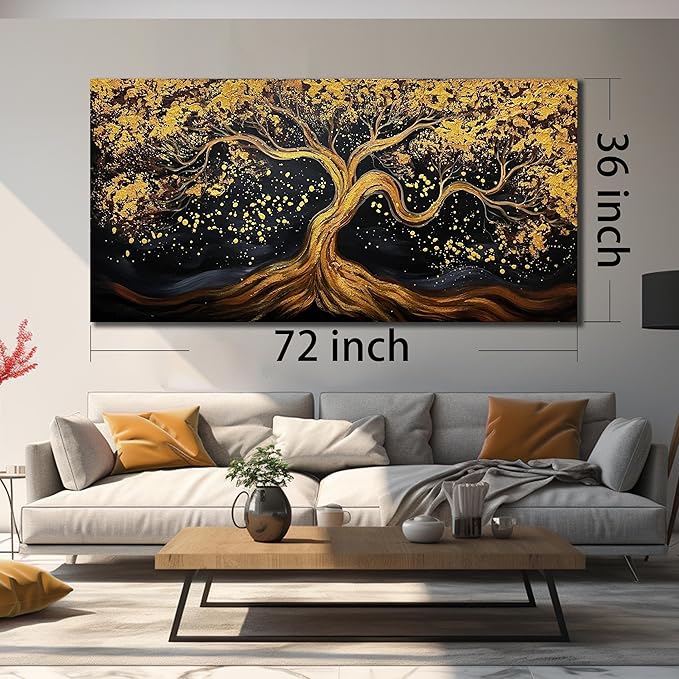 JKWALL77 Tree Of Life Hand Painting Wall Decor For Living Room Black And Gold Wall Decor For Office Tree Huge Canvas Wall Art For Bedroom Size 36 x 72 Inch