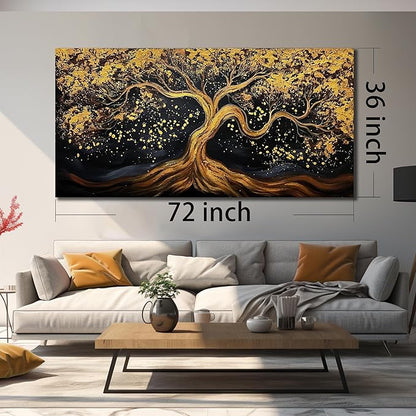 JKWALL77 Tree Of Life Hand Painting Wall Decor For Living Room Black And Gold Wall Decor For Office Tree Huge Canvas Wall Art For Bedroom Size 36 x 72 Inch