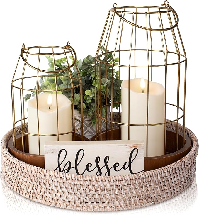 Rustic Farmhouse Lantern Decor Set of 2 - Stylish Decorative Lanterns for Your Living Room, Patio & Porch or Kitchen Dining Table - Modern Indoor/Outdoor Coffee Table Decor for Your Entire Home