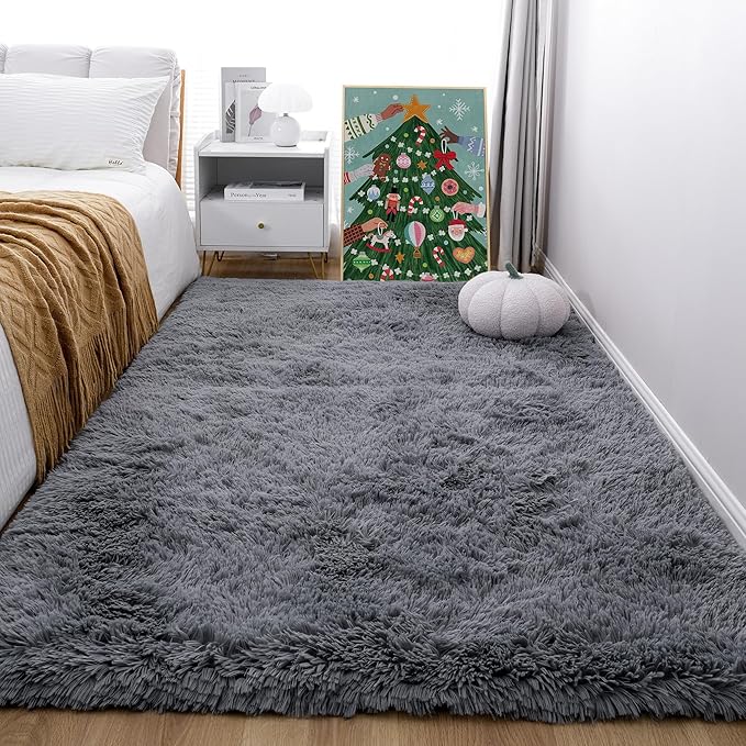 KICHOWUA Area Rug 5x7 Grey Fluffy Shag for Bedroom, Extra Soft Plush Fuzzy Washable Thickened Non-Slip Floor Carpet for Living Room, Cozy Furry Shaggy Rug for Kids Baby Boys Girls Nursery Dorm