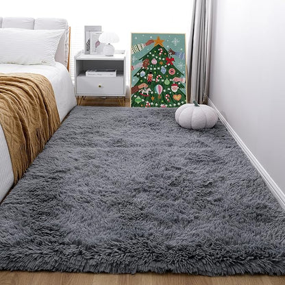 KICHOWUA 4x6 Grey Fluffy Shag Rug for Bedroom, Soft Plush Fuzzy Washable Non Slip Carpet for Living Room, Gray Modern Floor Cozy Furry Shaggy Throw Area Rugs for Kids Boys Baby Nursery Dorm Room