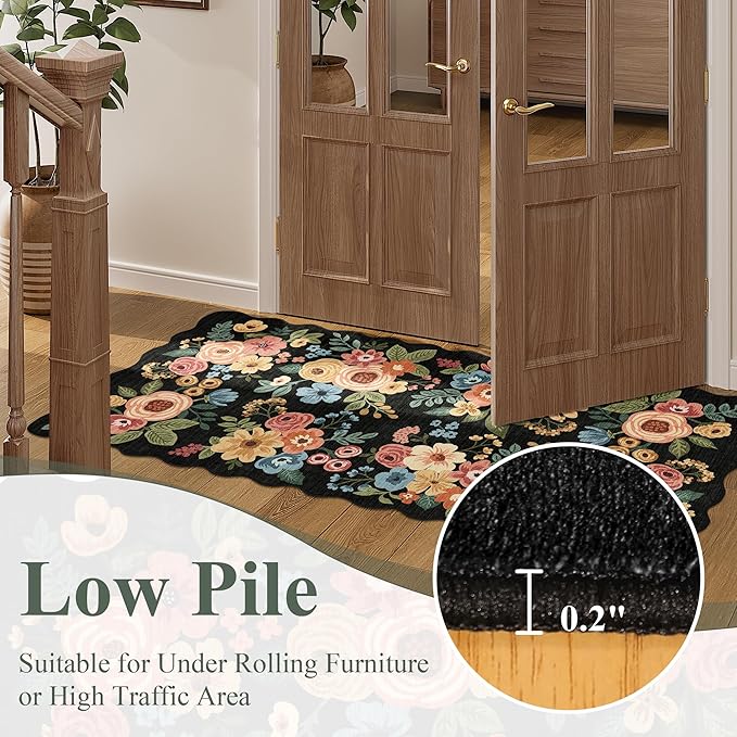 DUKINO 2x8 Washable Runner Rug, Lightweight Soft Floral Hallway Rug Runner with Low Pile Design, Non Shedding & Non Slip Backing Thin Indoor Carpet for Bedroom, Bathroom, Entrance, Kitchen, Black