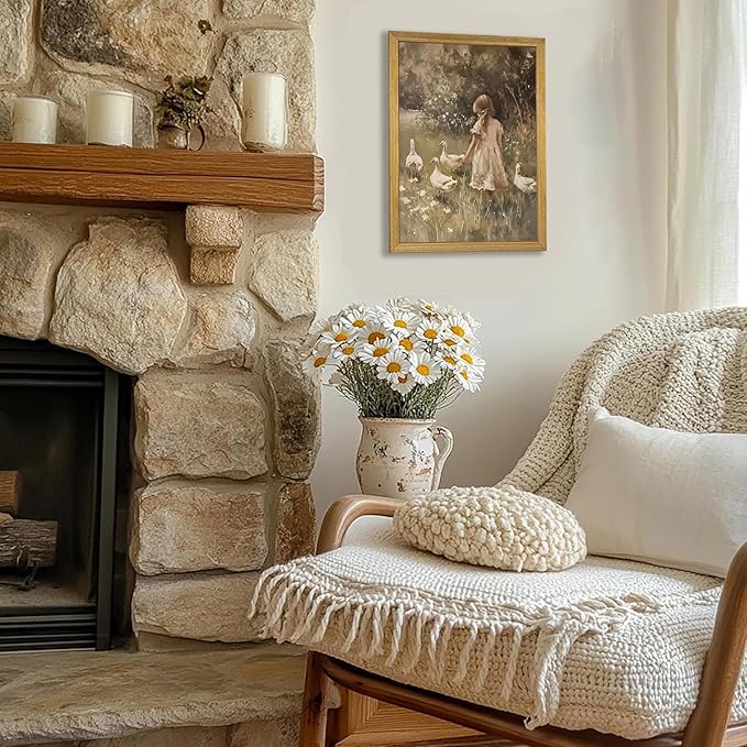 Wood Framed Canvas Wall Art, Vintage Girl with Ducks Painting Poster, Countryside Pastoral Landscape Print Picture, Rustic Farmhouse Wall Decor for Living Room Bedroom Nursery 16x24 inch