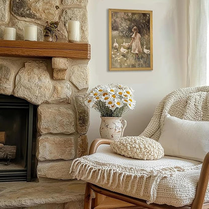 Wood Framed Canvas Wall Art, Vintage Girl with Ducks Painting Poster, Countryside Pastoral Landscape Print Picture, Rustic Farmhouse Wall Decor for Living Room Bedroom Nursery 16x24 inch