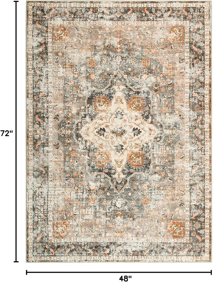 YOH Boho Washable Rug 4x6, Terracotta Vintage Non Slip Area Rug, Distressed Indoor Carpet for Living Room Bedroom Kitchen Office