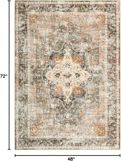 YOH Boho Washable Rug 4x6, Terracotta Vintage Non Slip Area Rug, Distressed Indoor Carpet for Living Room Bedroom Kitchen Office