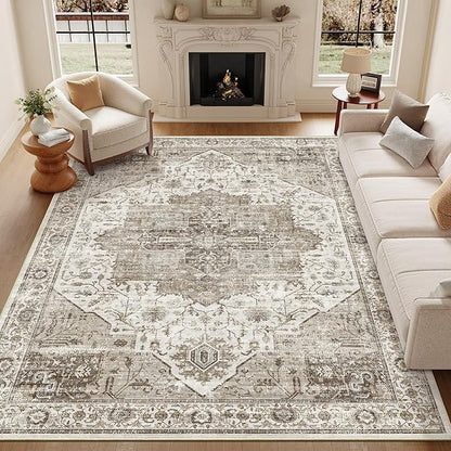 9x12 Area Rugs for Living Room, Machine Washable Non Slip Vintage Rug, Non-Slip Stain Resistant, Large Soft Home Decor Rug for Bedroom Dining Room (Brown, 9'x12')