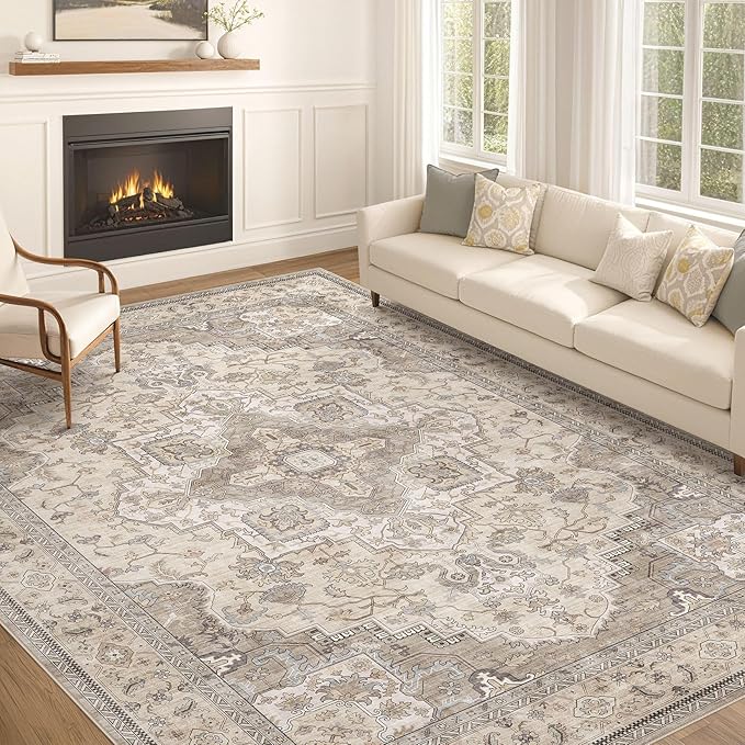 EIEIHOUSE Washable Area Rugs for Living Room -10x13 Neutral Vintage Distressed Floral Farmhouse Boho Large Soft Floor Rug Indoor Non Slip Carpet for Living Room Bedroom Dining Room Office-Brown/Multi