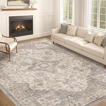 EIEIHOUSE Washable Area Rugs for Living Room -10x13 Neutral Vintage Distressed Floral Farmhouse Boho Large Soft Floor Rug Indoor Non Slip Carpet for Living Room Bedroom Dining Room Office-Brown/Multi