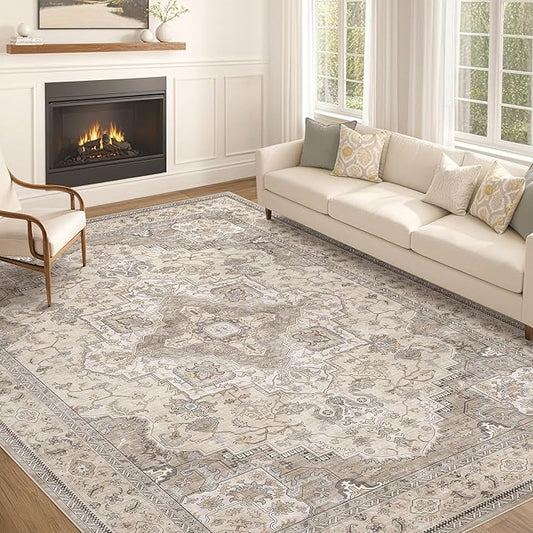EIEIHOUSE Washable Area Rugs for Living Room - 11x14 Neutral Vintage Distressed Floral Farmhouse Boho Large Soft Floor Rug Indoor Non Slip Carpet for Living Room Bedroom Dining Room Office-Brown/Multi