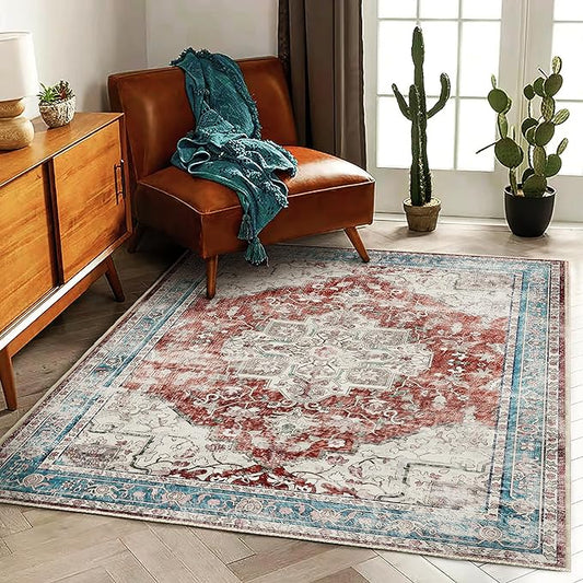 CHAMPLANT 3'x5' Vintage Red Blue Washable Thin Area Rug Traditional Floor Cover Foldable Indoor Distressed Non Slip Carpet Floral Print Mat Bedroom Living Room Bathroom