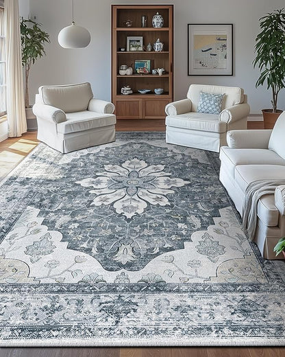 RELEANY Area Rugs 10'x14' Washable Non-Slip, Floral Vintage Distress Print Pattern Medallion Carpet for Living Room Bedroom Dining Room, Light Gray Grey White