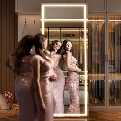 81” x 34" Full Length Vanity Mirror with Lights, Large LED Makeup Mirror Floor Standing, Dimmable Beauty Mirror for Bedroom, Dressing Room, Content Creation, Tempered Glass Black Frame