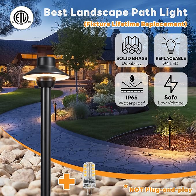 Gardenreet Brass Black Pathway Lights, 12V Low Voltage Landscape Path Light IP65 Waterproof, Wired Walkway Lighting Outdoor, LED Black for Lawn Backyard Garden with 2700K Warm White G4 Bulb (6 Pack)
