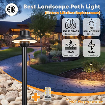 Gardenreet Brass Black Pathway Lights, 12V Low Voltage Landscape Path Light IP65 Waterproof, Wired Walkway Lighting Outdoor, LED Black for Lawn Backyard Garden with 2700K Warm White G4 Bulb (6 Pack)