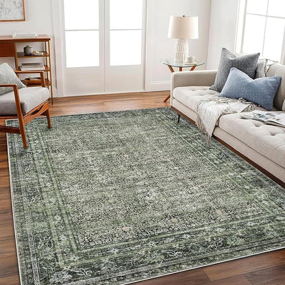 CHAMPLANT Washable Area Rug 4'x6' Traditional Floor Cover Foldable Thin Rugs Retro Kitchen Indoor Distressed Non Slip Carpet Floral Print Mat Bedroom Living Room