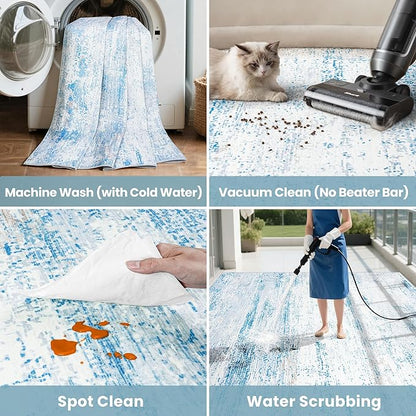 9x12 Area Rugs Washable Rug:Anti-Skid Abstract Modern Living Room Rug Soft Thin Carpets Indoor Floor Non-Shedding Carpet for Bedroom Dining Farmhouse Nursery Home Office(Light Blue/White/Beige, 9x12)