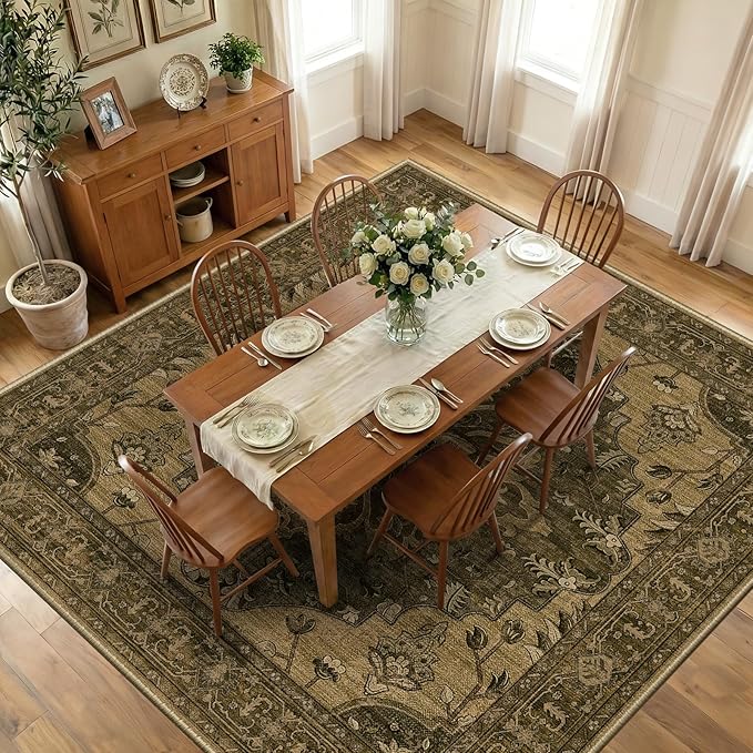 RELEANY Area Rugs Square 10ft Washable Non-Slip, Floral Vintage Distress Print Pattern Medallion Carpet for Living Room Bedroom Dining Room, Brown Dark Brown