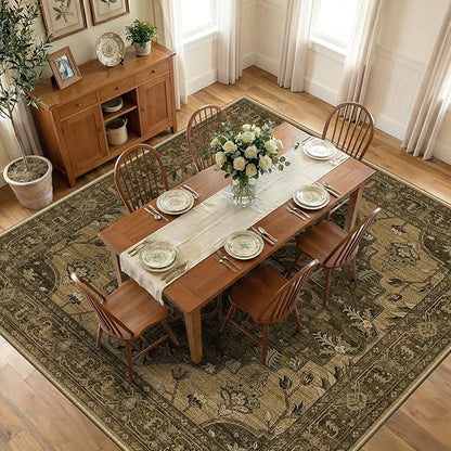RELEANY Area Rugs Square 10ft Washable Non-Slip, Floral Vintage Distress Print Pattern Medallion Carpet for Living Room Bedroom Dining Room, Brown Dark Brown