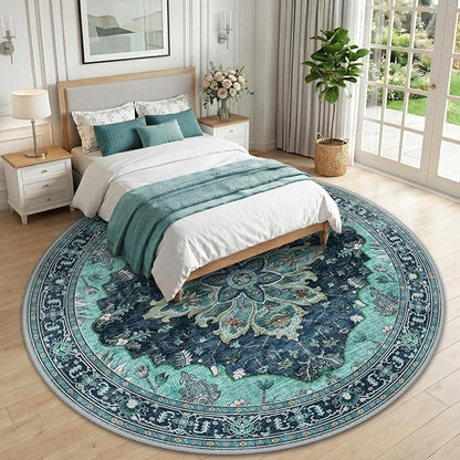 RELEANY Area Rugs Round 10ft Washable Non-Slip, Floral Vintage Distress Print Pattern Medallion Carpet for Living Room Bedroom Dining Room, Teal Green Lake Blue Turquoise