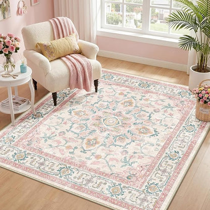 CAPALOCA Machine Washable Rugs Nursery Rug Sq4ft Cute Girl Non Slip Low Pile Water Repellent Soft Print Pattern for Bedroom Indoor Decor Kids Playroom Pink Teal