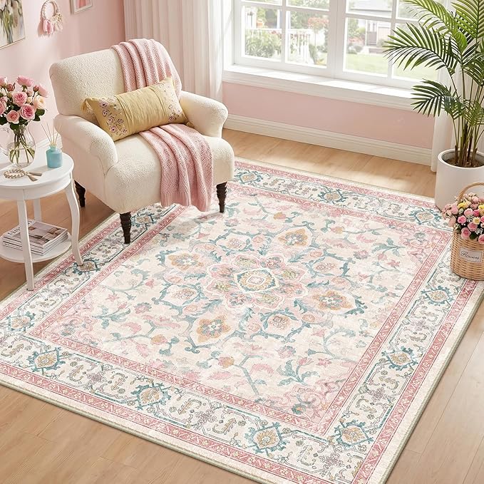 CAPALOCA Machine Washable Rugs Nursery Rug Sq5ft Cute Girl Non Slip Low Pile Water Repellent Soft Print Pattern for Bedroom Indoor Decor Kids Playroom Pink Teal