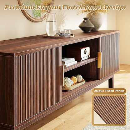 PRAISUN 54 Inch TV Stand for 50, 55 Inch TV, Fluted Entertainment Center with 2 Cabinets, TV Consoles for Living Room, 3-Level Adjustable Shelf, 4 Cable Holes, Meida Console, Walnut