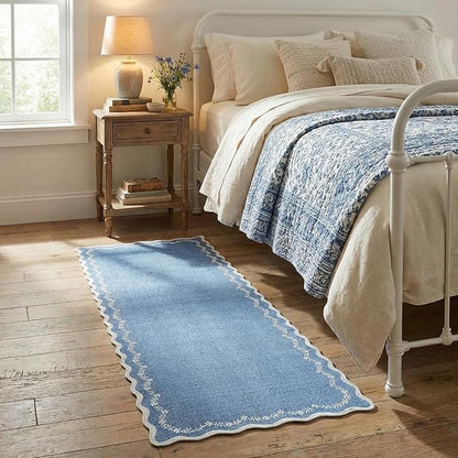 GarveeHome 2x6 Scalloped Washable Runner Rug for Kitchen, Soft Blue Hallway Runner Non Slip Entryway Rug Farmhouse Thin Laundry Mat Stain Resistant Carpet for Bedroom Bathroom Beside Rug