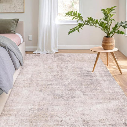 Hazo Haus Modern Washable Bedroom Area Rug 5x8, Abstract Rugs for Living Room, Dining Room, Kids Room Girls, Pink and Grey Distressed Medallion Pattern, Non Slip Low Pile Stain Resistent